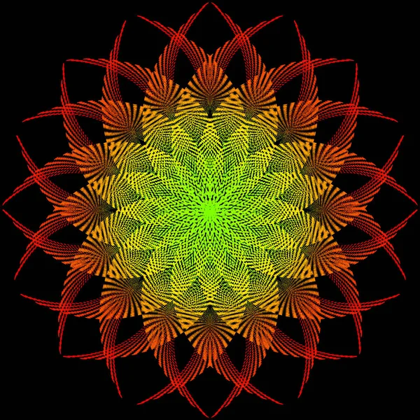 Fondo, textura, abstracción. Flor colorida o estrella está aislada sobre fondo negro. Elegante ilustración vectorial para el diseño web — Archivo Imágenes Vectoriales