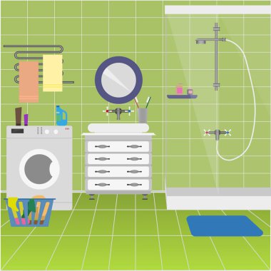 duş duş kabinler, lavabo ve çamaşır makinesi ile.