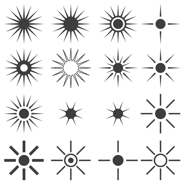 Μια μεγάλη σειρά από ήλιους ή αστέρια του γκρι χρώματος σε λευκό φόντο — Διανυσματικό Αρχείο
