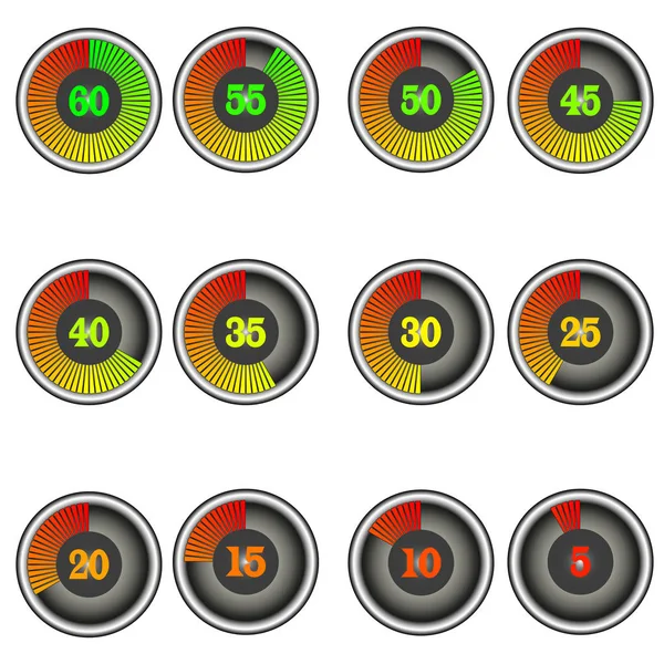 Conjunto de ícones cronômetro de cor com marcas de 60 a 0 . — Vetor de Stock