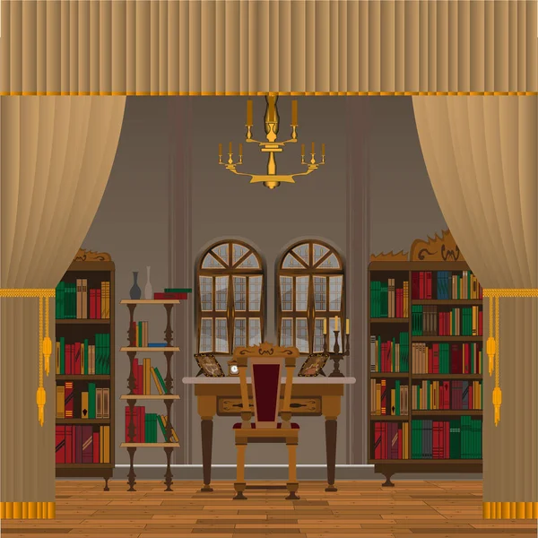 Gabinete o sala de estar interior con muebles antiguos — Vector de stock