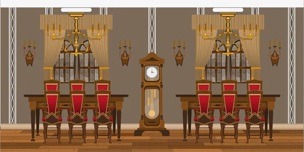 Wnętrze szafki lub salonu z dużymi stołami i krzesłami — Wektor stockowy