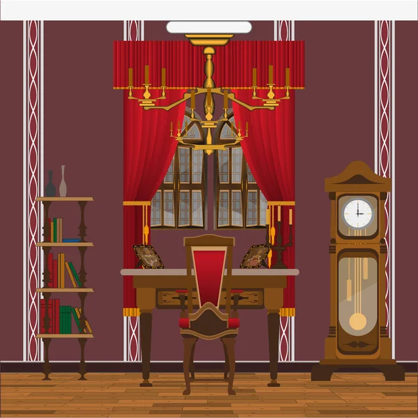 Interiér skříně nebo obývacího pokoje s velkým oknem, červenou tapetou a velkými hodinami — Stockový vektor