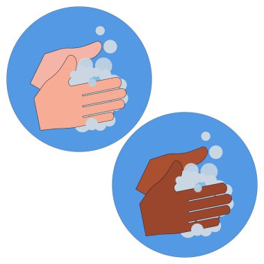 El yıkama ikonları. El dezenfeksiyonu. el antiseptiği. Beyaz bir adam ve Afrikalı bir Amerikalının elleri.