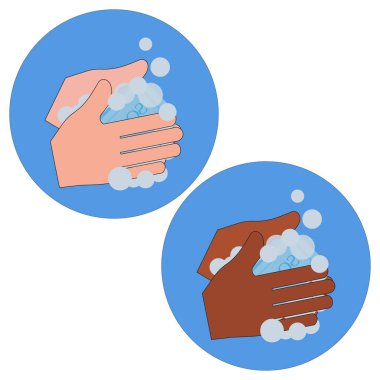 Musluktan gelen su ve sabunla ellerini yıkayan ikonlar. Beyaz bir adam ve Afrikalı bir Amerikalının elleri.