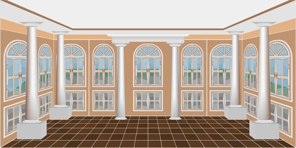 фон в виде большой комнаты с большими окнами и колоннами

