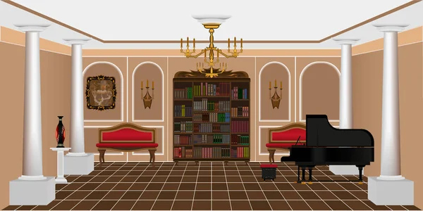 Jasny Salon Wnętrze Fortepianem Biblioteczki — Zdjęcie stockowe