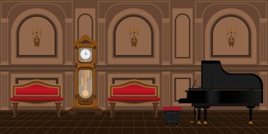 Oturma odası arka planında büyük piyano ve büyük saat var.