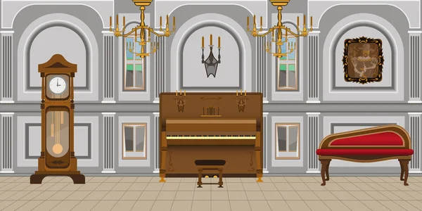 royal, antique style living room interior with piano and arches