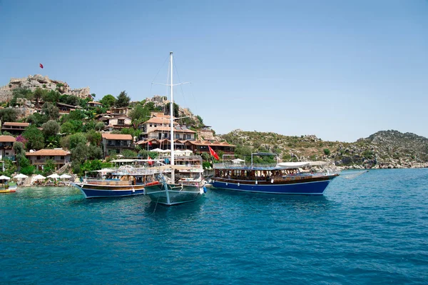 Beautiful Boats Yachts Anchor Turkish Flags — Stock Photo, Image