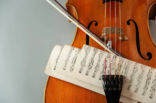 大提琴或小提琴的碎片 带有弓和音 背景为灰色 文字位置为文本 — 图库照片