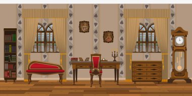 Oturma odası şeklinde bir arkaplan ya da pencereleri eski tarzda olan bir çalışma