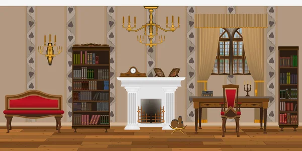 Living room or study, library interior in old style with fireplace