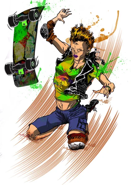 Skater Adolescente Tombant Après Une Balade Sketeboard Grunge Style Dessin — Photo