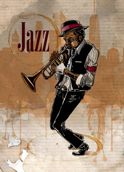 Afro american guy playing trumpet with feeling. Root jazz player over grunge background.
