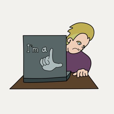 Vector illustration depicts a distressed young man behind a laptop.There's a sign of a loser on the computer. clipart