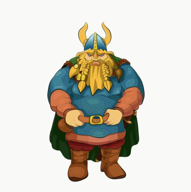 vektör çizim Ortaçağ Viking savaşçıları Nasılyapıyordu lideri bir boynuzlu miğfer, zincir posta ve pelerin gösterir