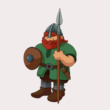Vektör çizim bir mızrak ile silahlı komik barbar Viking Kızıl gösteriyor.