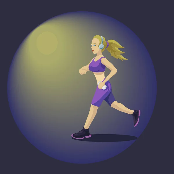 Sports Cute Girl Jogging She Listens Music Wireless Headphones Vector — Stock Vector