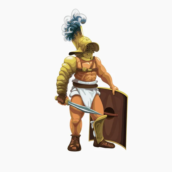 Gladiator murmillo getting ready to perform in the arena, vector illustration.The fighter is armed with Gladius sword and scutum shield.