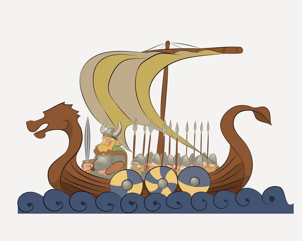 Vektör çizim bir Viking gemisi gösteriyor. Millet yırtıcı bir sefer de uzak kıyılarına toplandı..