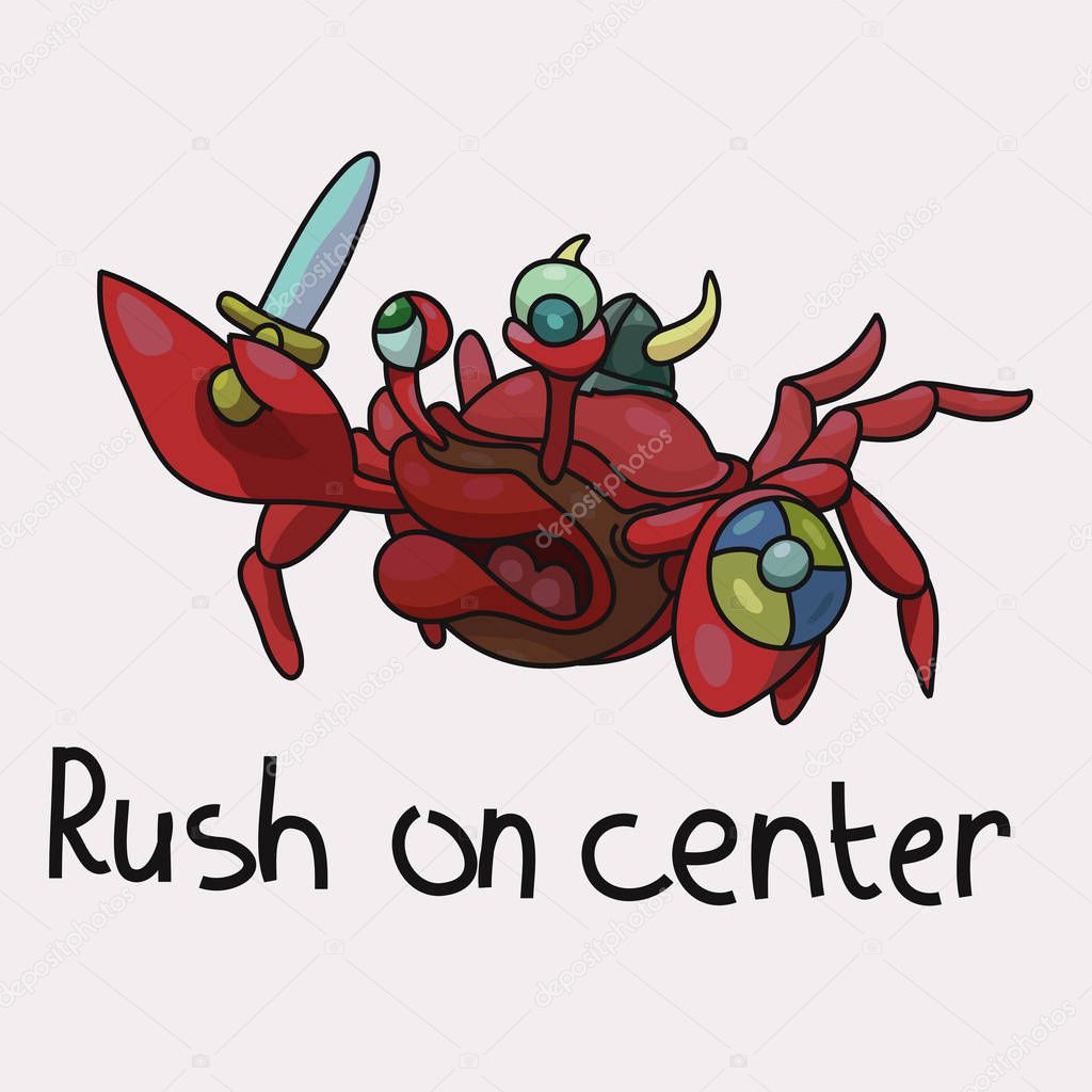 Vector illustration depicts the silly crab that catches rush on the center. The attack is doomed to failure.