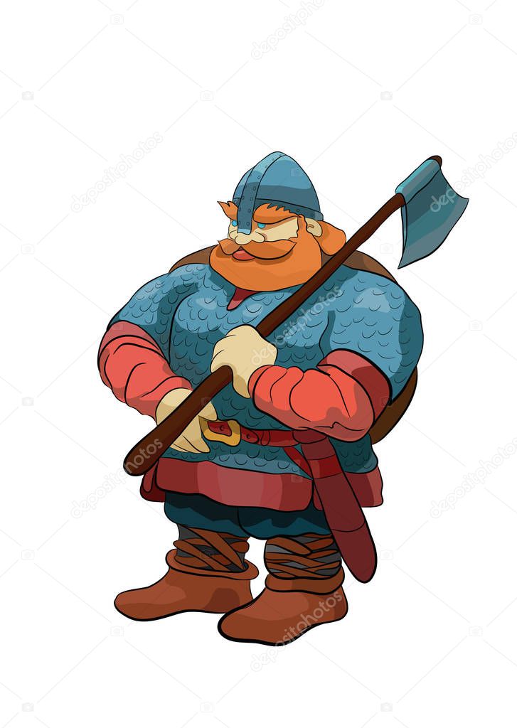 Vector illustration depicts a medieval Viking warrior armed with an axe and wearing chain mail.