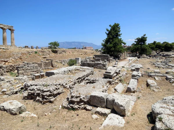 Europe Greece Corinth Foundations Antique Buildings Site Ancient Settlement — Stock Photo, Image