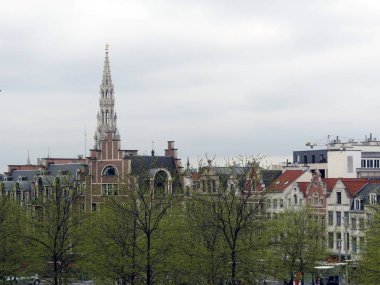 Avrupa, Brüksel, çiçek açan ağaçlar eski Gotik binalar arka plan üzerinde bırakır                               