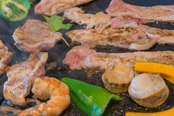 Delicious Grilled Pork Barbecue Meat Being Cooked Stove — Stock Photo, Image