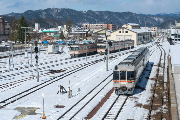 Pociąg Linii Kolejowej Dnia Śniegu Takayama Station Japonia — Zdjęcie stockowe