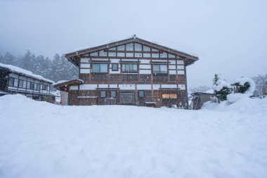 Ev ve ağaçlarda kar kış soğuk gün ile peyzaj.