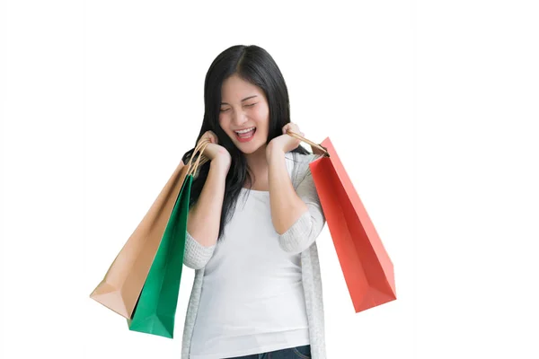 Shopping Vrouw Met Tassen Geïsoleerd Witte Achtergrond Consumentisme Verkoop Mensen — Stockfoto