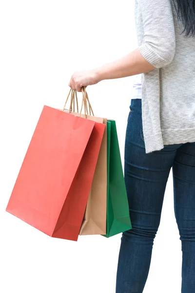 Shopping Kvinna Hålla Väskor Isolerade Vit Bakgrund Konsumism Försäljning Och — Stockfoto