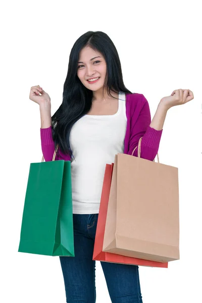 Shopping Vrouw Met Tassen Geïsoleerd Witte Achtergrond Consumentisme Verkoop Mensen — Stockfoto