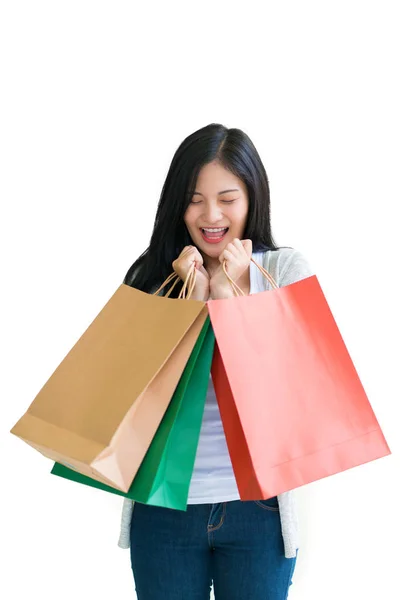 Shopping Vrouw Met Tassen Geïsoleerd Witte Achtergrond Consumentisme Verkoop Mensen — Stockfoto