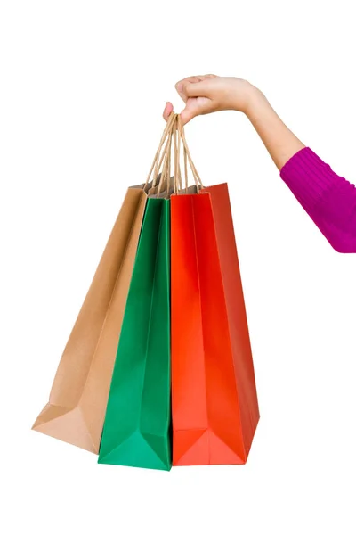 Shopping Vrouw Met Tassen Geïsoleerd Witte Achtergrond Consumentisme Verkoop Mensen — Stockfoto