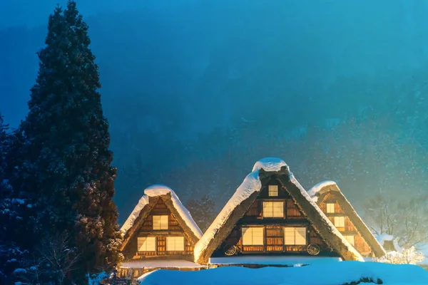 Śnieg Pada Światło Się Festiwal Zimowych Shirakawago Gifu Chubu Japonia — Zdjęcie stockowe