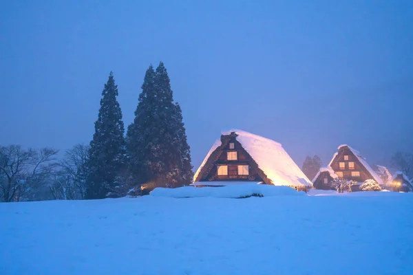 Shirakawago Gifu Chubu Japonya Kışın Işık Festivali Kadar Düşen Kar — Stok fotoğraf