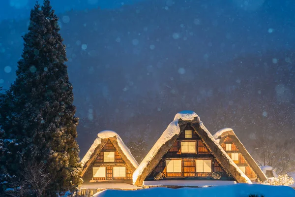 Nieve Cayendo Sobre Luz Festival Invierno Shirakawago Gifu Chubu Japón — Foto de Stock