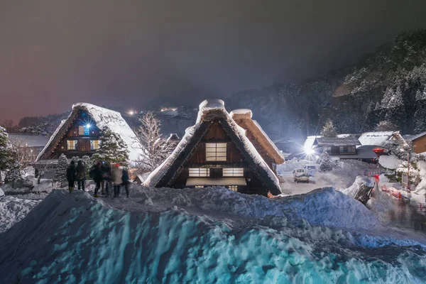 Shirakawago Gifu Chubu Japonya Kışın Işık Festivali Kadar Düşen Kar — Stok fotoğraf