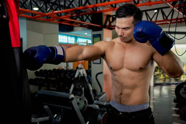 Schöner Muskulöser Mann Boxhandschuhen Boxsäcke Der Turnhalle — Stockfoto