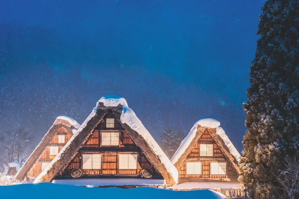 Nieve Cayendo Sobre Luz Festival Invierno Shirakawago Gifu Chubu Japón — Foto de Stock