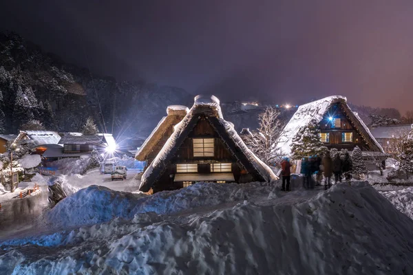 Śnieg Pada Światło Się Festiwal Zimowych Shirakawago Gifu Chubu Japonia — Zdjęcie stockowe