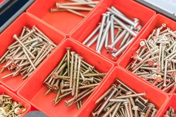 Different Nuts Screws bolts and other Parts sorted in box — Stock Photo, Image