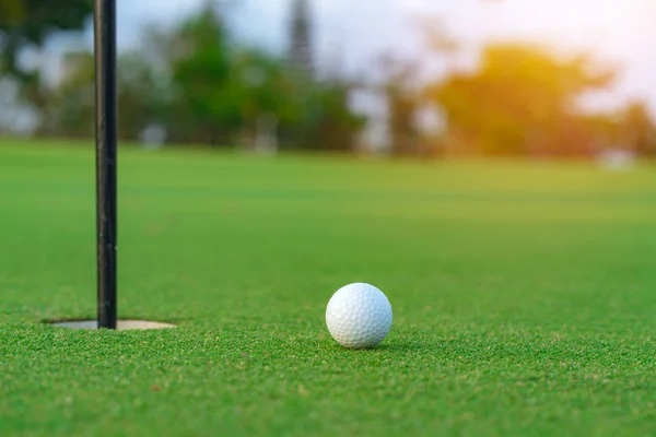 Bola de golfe no lábio da xícara no campo de golfe — Fotografia de Stock