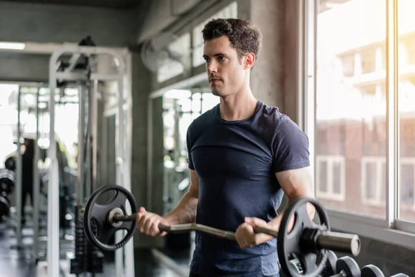 Handsome tyngdlyftare lyfta skivstänger träna med curl bar — Stockfoto