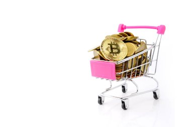 sikke para ve alışveriş sepeti veya süpermarket arabası iş finans kavramı beyaz arka plan üzerinde izole.