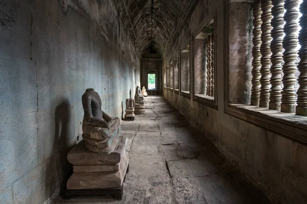 Buddha head broken Sitting in Angkor Wat temple, Siem Reap Cambodia.