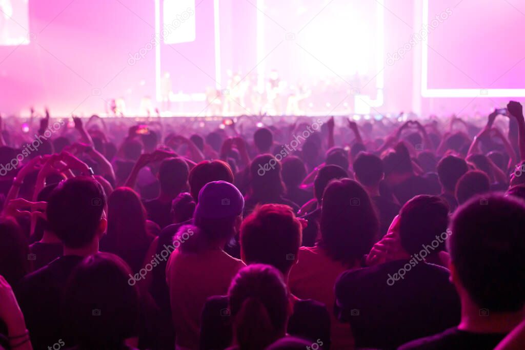 music brand showing on stage or Concert Live and Defocused entertainment concert lighting on stage with Laser rays beams, party concept